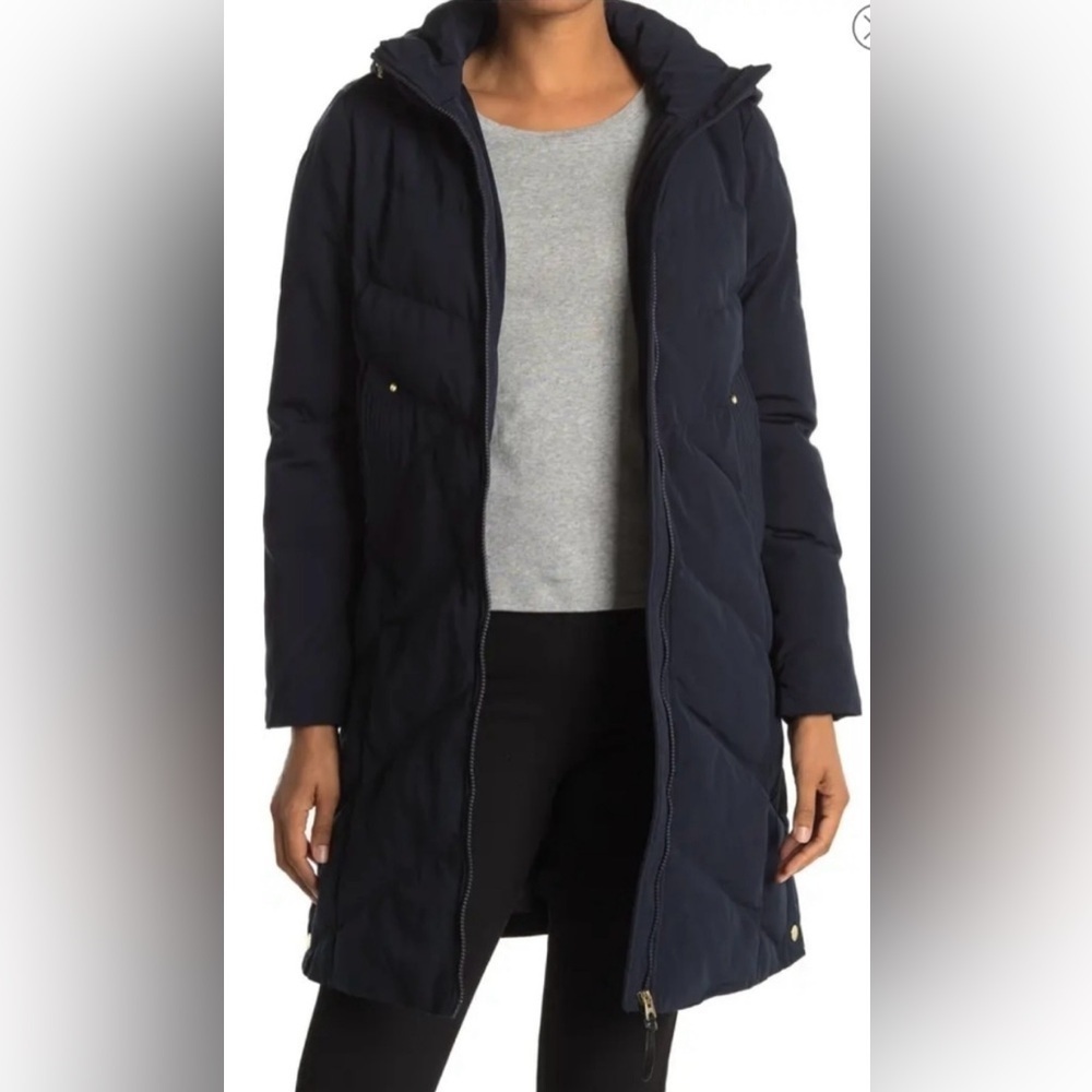 FRENCH CONNECTION Hooded Long Puffer Jacket Utility Navy Blue XSmall